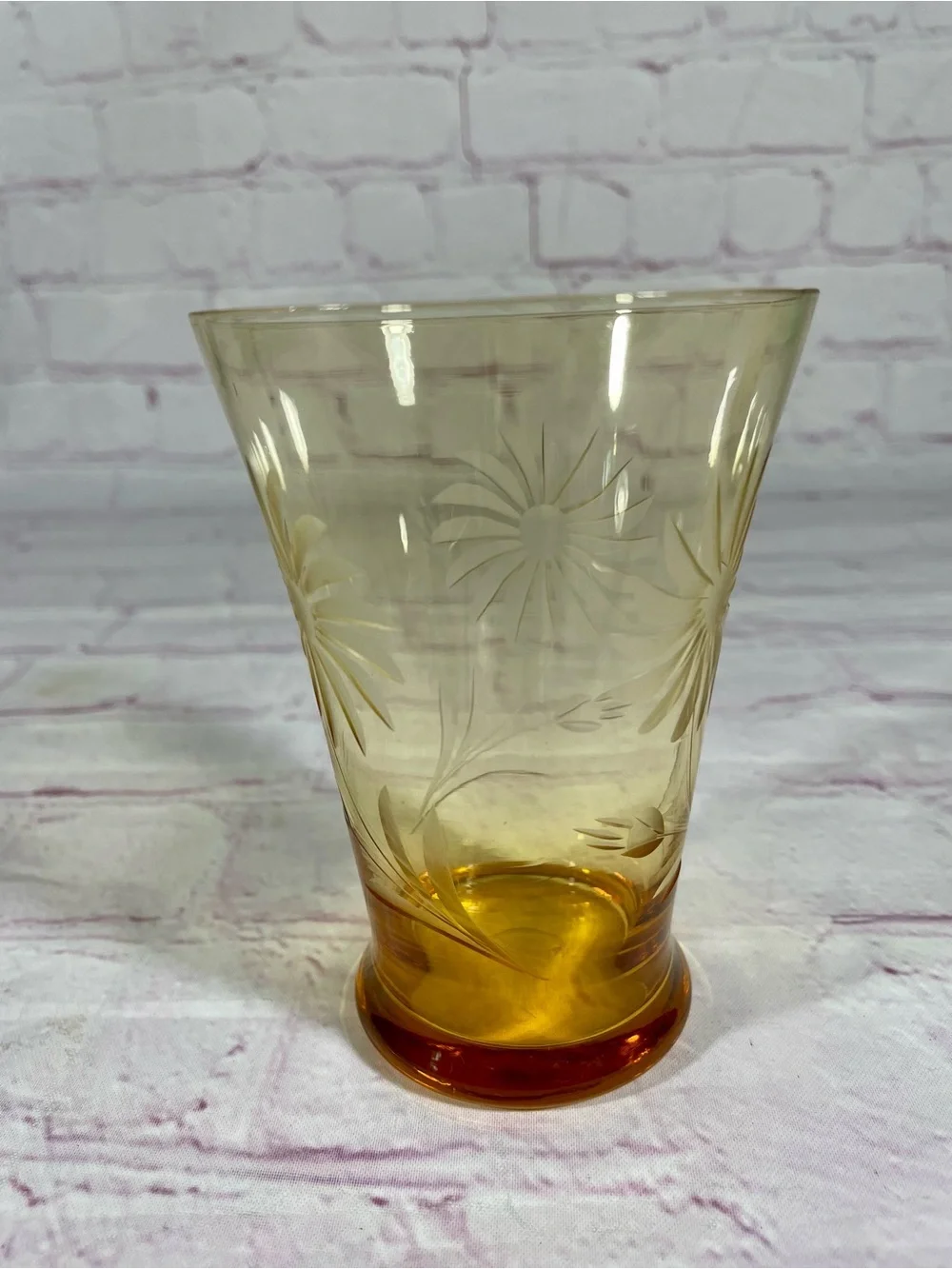 Vintage Amber Glass Etched Floral Tumbler Pair